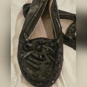 Black Sequin Moccasin Flats with Bow